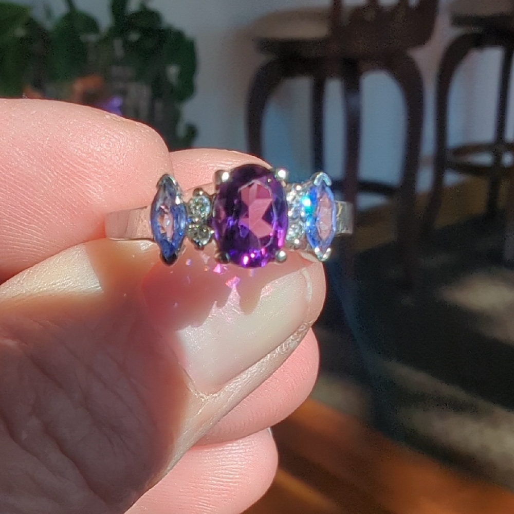 14K White Gold BH Effy Amytheyst Tanzanite Diamond Ring Size 7